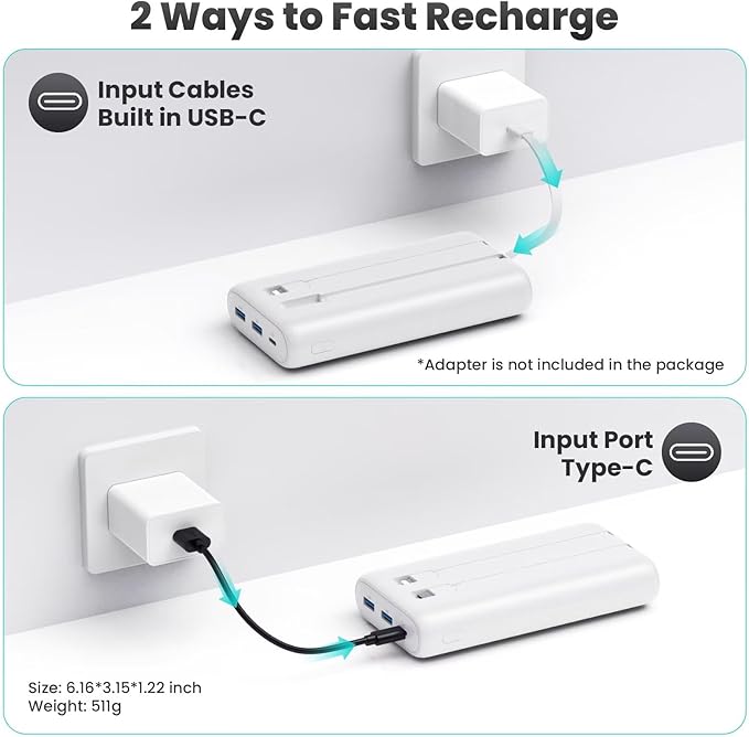 Upgraded Portable Charger 40800mAh Power Bank - Portable Battery with 2 Built in Cables,PD 25W USB C Fast Charging Battery Pack Compatible with iPhone 17 16 15 14 13 Android Phone etc-White