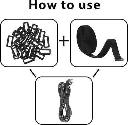 1" x 16ft Hook and Loop Straps with 25 Metal Buckles, Adjustable Fastening Cable Straps, Black Reusable Fastening Cable Ties, Adjustable Multi-Purpose Cable Straps for Organizer or Storage