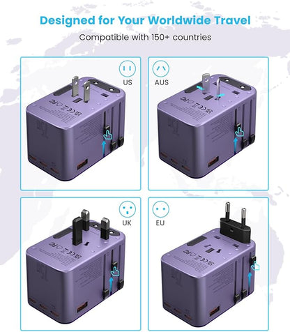 Universal Travel Adapter, VINTAR 75W GaN International Power Adapter with 3 USB C PD and 2 USB A QC, All in One Travel Essentials for UK/EU/USA/AUS, Travel Adapter Worldwide for Laptops Phones, Purple