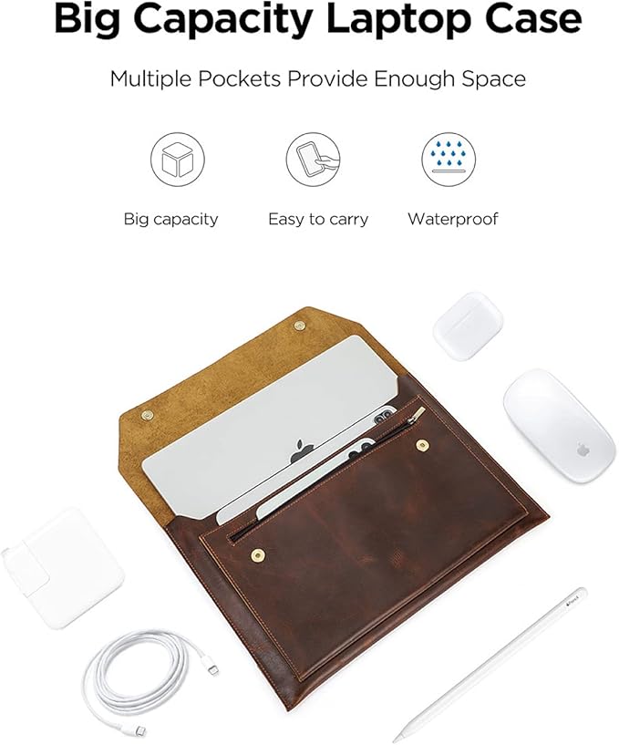Top Grain Leather 14.2" Laptop Sleeve Bag, Magnet Snap Button Design & 3 Pockets, Compatible with MacBook Pro/Air 14"/13.3"/13.6" 2021 2022 M1 Pro/M1 Max A2442 & Other PC, Coffee 14.2 Inch