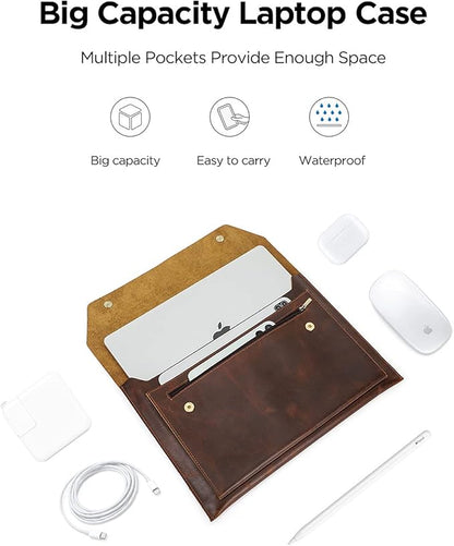 Top Grain Leather 14.2" Laptop Sleeve Bag, Magnet Snap Button Design & 3 Pockets, Compatible with MacBook Pro/Air 14"/13.3"/13.6" 2021 2022 M1 Pro/M1 Max A2442 & Other PC, Coffee 14.2 Inch