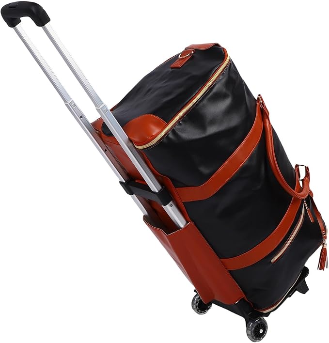 Fabater Travel Bag with Detachable Trolley, 40L Large Capacity water proof Rolling Garment Duffel Bag, with Leather Handle and Shock Absorbing Wheels, for Business Trip and Weekender (Black Brown)