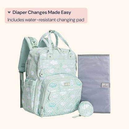 BabbleRoo Diaper Bag Backpack - Baby Essentials Travel Tote - Multi Function Water Resistant Diaper Bag, Travel Essentials Baby Bag with Changing Pad, Stroller Straps & Pacifier Case - Green Birdy