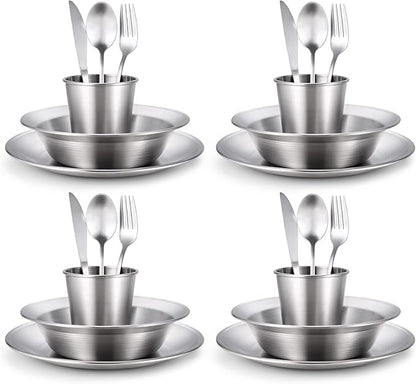 Odoland Stainless Steel Camping Mess Kit for Family & Person, Cooking Tableware Utensils with Plates Bowls Forks Spoons Knives & Savings Bag for Camping, Backpacking, Hiking, Picnic