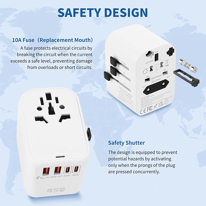 Aigostar 5-in-1 Universal Travel Adapter, GaN 45W Fast Charge International Plug Adapter with 2 Type-C & 2 USB-A Ports, Worldwide Power Adaptor Wall Charger for EU US UK AUS CHN JP Travel Business