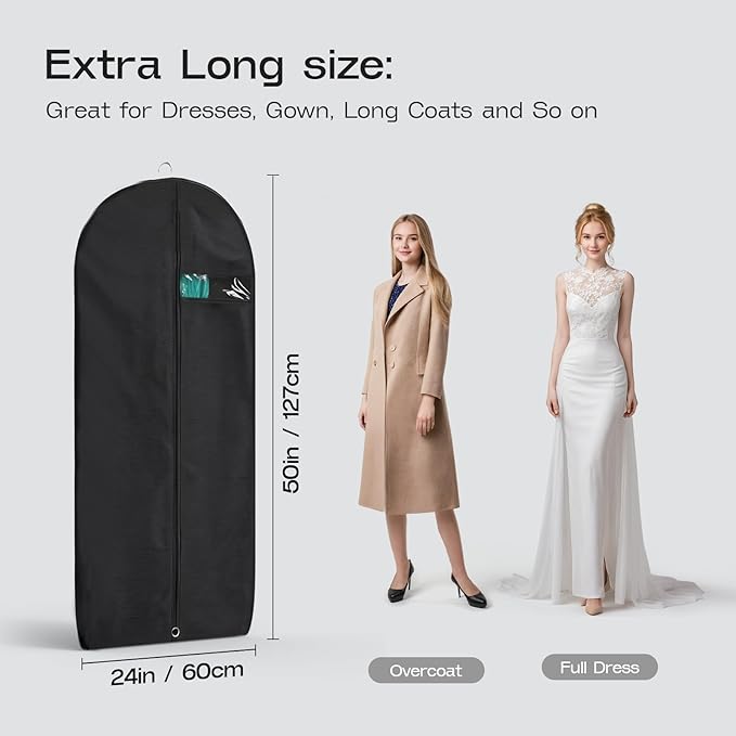 3 Pack Heavy Duty Garment Bags for Travel Suit Bags, Dress Bags, Garment Bags for Hanging Clothes with Pockets Men's Suit Holder for Shirts, Coats, Dresses (Black, 3Pack 50")