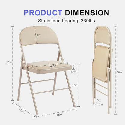 Folding Chairs 16 Pack, Portable Stackable Commercial Chair, Indoor Outdoor Padded Leather Chair with Sturdy Metal Frame, for Home, Office, or Party Events. (Kahki, 16 Pack)