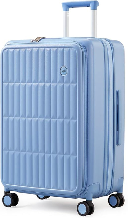 aji Expandable Top Open 24 Inch Checked Luggage with Spinner Wheels, Large Suitcase with TSA Lock, Hardside Travel Luggage Suitcases for Men Women, for 14+Days Travel, Blueberry Blue