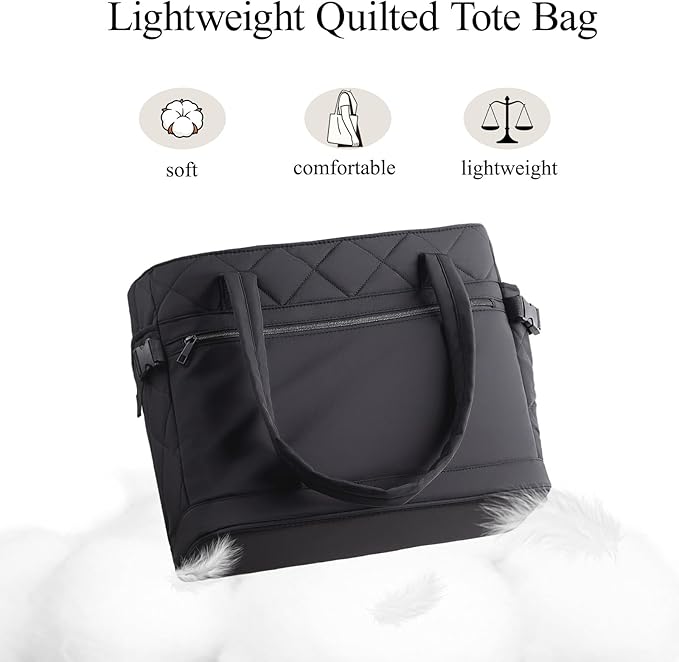 Puffer Tote Bag for Women, Work Bag with Cup Holder, Teacher Bag with Compartments, Quilted Tote Bag with Zipper for Travel