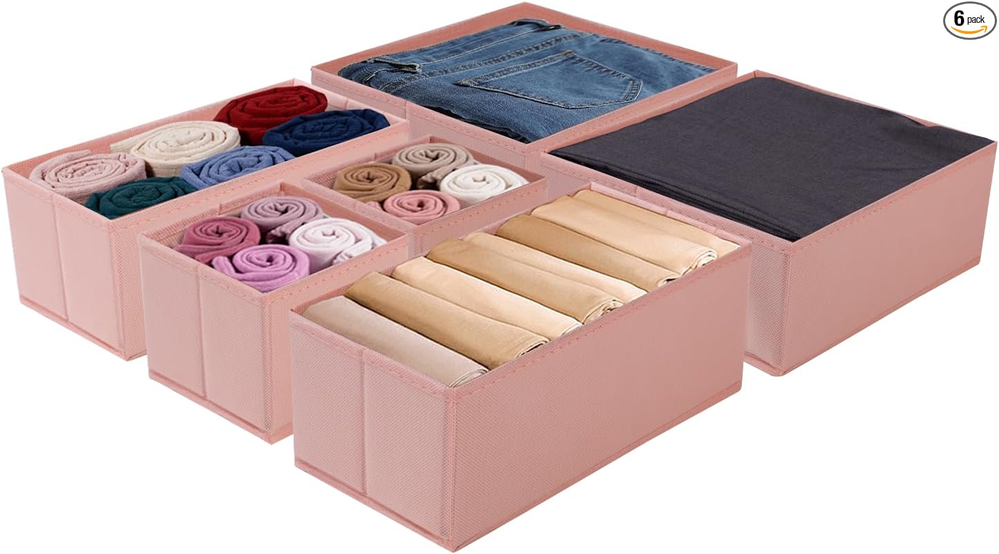 Drawer Organizer Set for Baby Clothes, Nursery Dresser Storage, Closet Dividers for Socks, Underwear, Bra (Pink, 6 pcs)