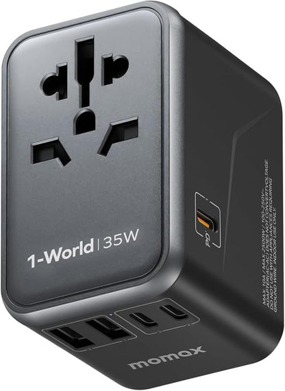 MOMAX Universal Travel Adapter, PD 35W Fast International Power Adapter, 3 USB C & 2 USB A, Worldwide Travel Plug Adapter, International Power Adapter for Europe, USA, Japan, Australia (Type C/A/G/I)
