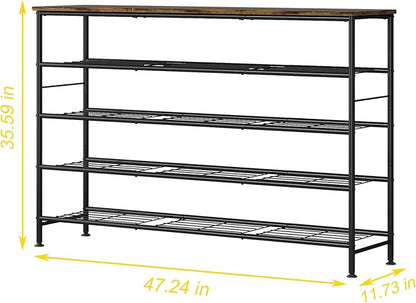 SUOERNUO Shoe Rack 5 Tier Shoe Storage Organizer Metal Mesh Shelves with MDF Top Board for Entryway, Hallway, Closet,Bedroom，Living Room (Black+Rustic Brown, Large 5 Tier)