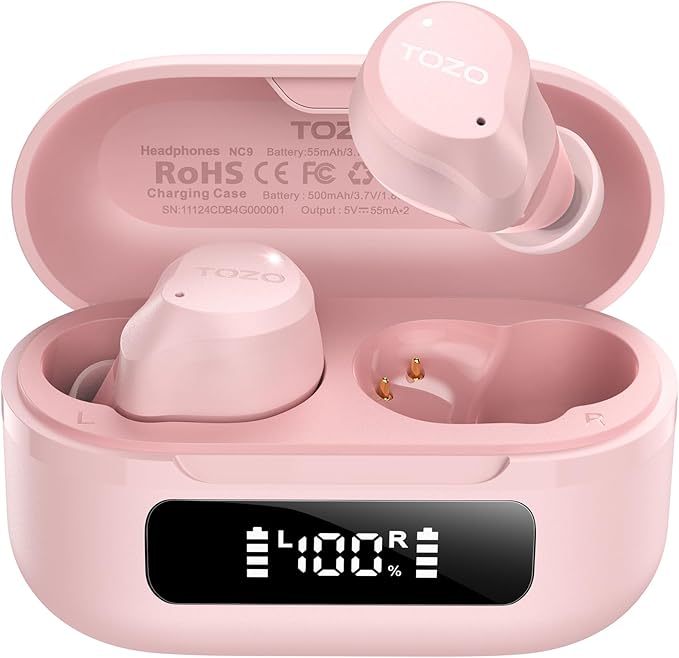 TOZO NC9 Hybrid Active Noise Cancelling Wireless Earbuds, 6 Mics ENC Clear Call, IPX8 Waterproof, in Ear Bluetooth 5.3 Headphones Stereo Bass Ear Buds 59H Playtime with LED Display 32 EQs via APP