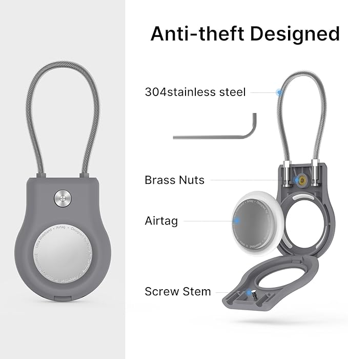 AirTag Keychain Holder - (4 Pack) Airtag Lock Case with Wire Cable Compatible with Apple AirTags,Ultra Durable Anti-Lost Protective Case with Keyring for Luggage, Key, Backpack, Pet, Bag Black/Grey