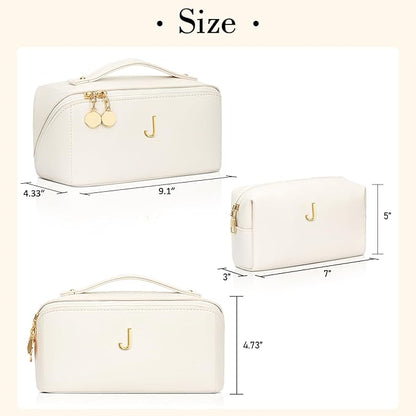 Birthday Gifts for Women Teen Girl, Personalized Initial Makeup Organizer Bag Set, Open Flat Travel Cosmetic Bag With Clear Divider and Handle(Beige,J)