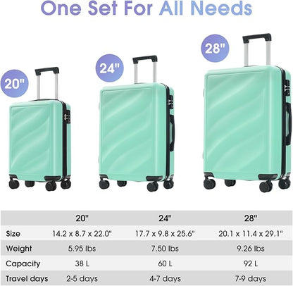 Merax Luggage Set 3 Piece, Lightweight Durable ABS Suitcases with Spinner Wheels and TSA Lock, Carry-on & Checked Travel Luggage