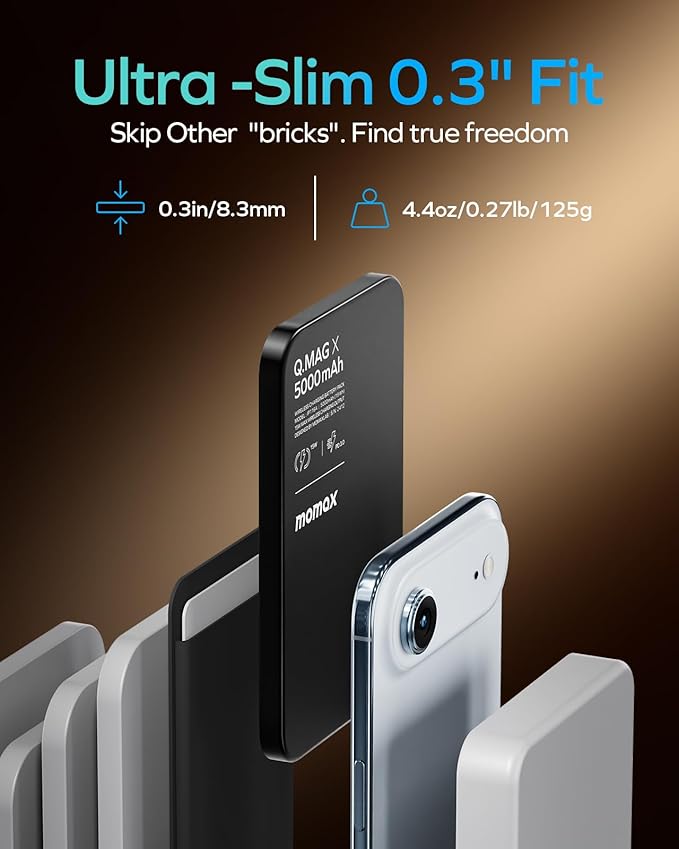 MOMAX Q.MAG Magnetic Power Bank 5000mAh, 0.3" Ultra Slim Portable Charger Battery Pack for iPhone Air/17 Pro Max/17 Pro/16/15/14/13/12 (1*USBC Port PD 20W, No Lighting)