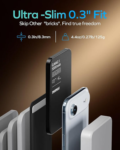 MOMAX Q.MAG Magnetic Power Bank 5000mAh, 0.3" Ultra Slim Portable Charger Battery Pack for iPhone Air/17 Pro Max/17 Pro/16/15/14/13/12 (1*USBC Port PD 20W, No Lighting)