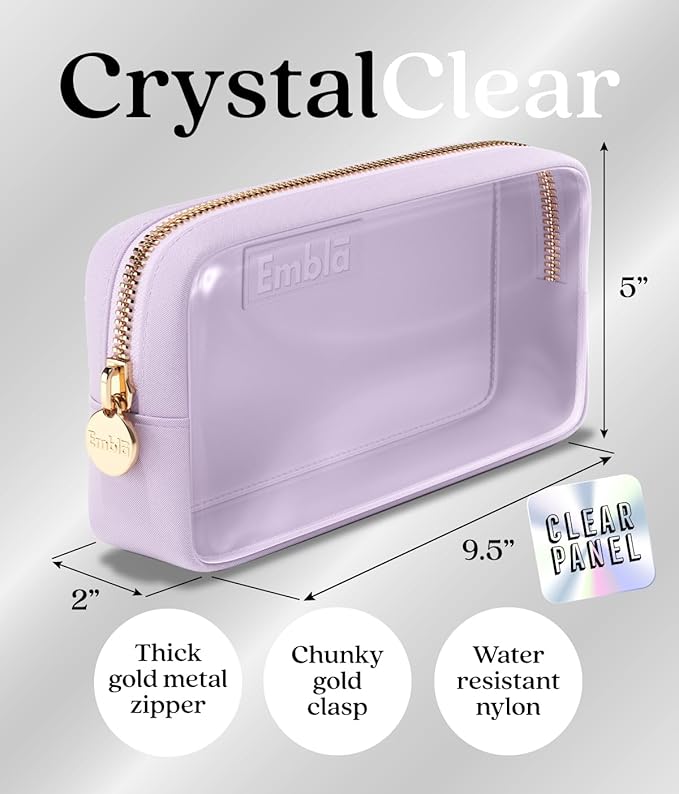 Embla London Makeup Bag Cosmetic Case, Clear Zipper Make Up Pouch and Toiletry Travel Tote, Cute Skincare Pouches for Women Girls, Preppy Purse Cosmetic Organizer, Small Makeup Bags, Lilac