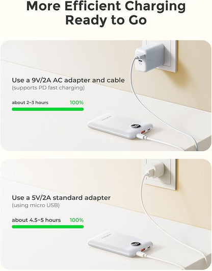 Small Portable Charger 10000mAh, Mini Power Bank with LED Display, 22.5W PD Fast Charging USB-C Battery Pack, Compact Lightweight Travel Charger Compatible with iPhone Samsung Android, White
