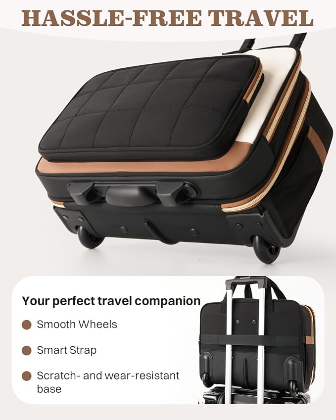 Rolling Puffer Laptop Bag, Rolling Briefcase for Women, Wheeled 16 Inch Computer Bag, Water Resistant Stylish Overnight Underseat Carry On Luggage with Wheels for Work Travel Business, Beige Brown