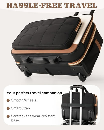 Rolling Puffer Laptop Bag, Rolling Briefcase for Women, Wheeled 16 Inch Computer Bag, Water Resistant Stylish Overnight Underseat Carry On Luggage with Wheels for Work Travel Business, Beige Brown