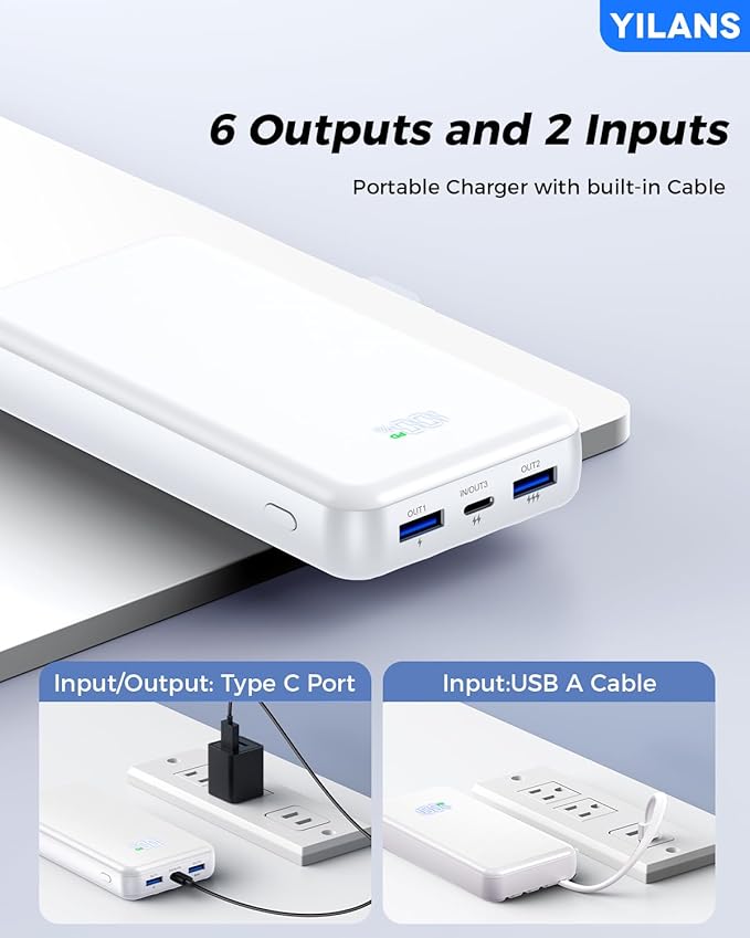 Portable Charger,50000mAh Power Bank Built-in Cable, 22.5W PD USB C In & Out Fast Charging, External Battery Pack with 6 Output & 2 Input, Travel Phone Charger for iPhone 17/16/15/14/13/12(White)