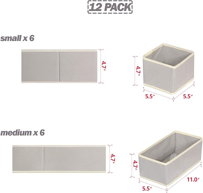 DIOMMELL Foldable Cloth Storage Box Closet Dresser Drawer Organizer Fabric Baskets Bins Containers Divider for Clothes Underwear Bras Socks Lingerie Clothing, Set of 12 Grey 066