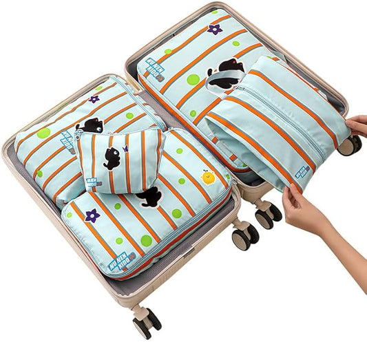 Striped Travel Organizer Bag Set with Cute Cat Design - 5-Piece Portable & Waterproof Packing Cubes for Luggage Clothing & Toiletries (Blue Cat)