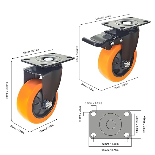 3 Inch Caster Wheels, Heavy Duty Casters Set of 4, Locking Top Plate Casters with Brake, Industrial Swivel Caster Wheels for Furniture and Workbench