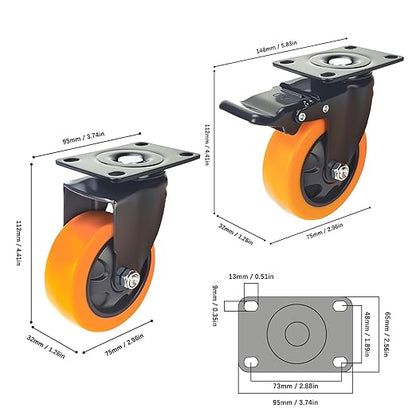 3 Inch Caster Wheels, Heavy Duty Casters Set of 4, Locking Top Plate Casters with Brake, Industrial Swivel Caster Wheels for Furniture and Workbench