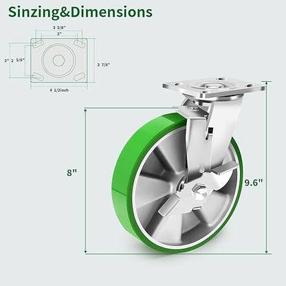 8 Inch Heavy Duty Industrial Grade Caster Set of 4, Industrial Swivel Casters with Brake, Maintenance-Free Aluminum Core PU Wheels 6000 LBS, Durable Casters Wheels for Industrial, Equipment