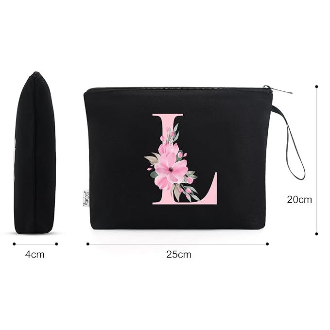 Vavabox A-Z Personalized Makeup Bag, Birthday Gifts for Women Mom, Gifts for Best Friend, Bride Bridesmaid Cosmetic bag (L, Black)