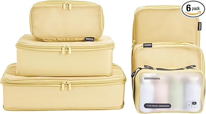 Compression Packing Cubes for Travel, 6-Piece Set (L/M/S), Double-Zip Luggage Organizers with Mesh Panels, Space-Saving Clothes Storage Bags for Suitcase & Carry-On (6 Pack, Bright Yellow)