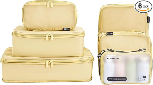 Compression Packing Cubes for Travel, 6-Piece Set (L/M/S), Double-Zip Luggage Organizers with Mesh Panels, Space-Saving Clothes Storage Bags for Suitcase & Carry-On (6 Pack, Bright Yellow)