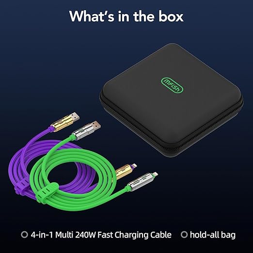 MFish 240W 4-in-1 Universal USB Charging Cable [2 Pack, 6.6ft] – Fast Charger Cord with USB-A, Dual USB-C & Lighting, for iPhone 14/15/16/17 Series, iPad & MacBook & More (2PACK, Purple+Green, 6.6Ft)