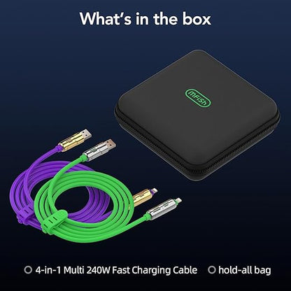 MFish 240W 4-in-1 Universal USB Charging Cable [2 Pack, 6.6ft] – Fast Charger Cord with USB-A, Dual USB-C & Lighting, for iPhone 14/15/16/17 Series, iPad & MacBook & More (2PACK, Purple+Green, 6.6Ft)