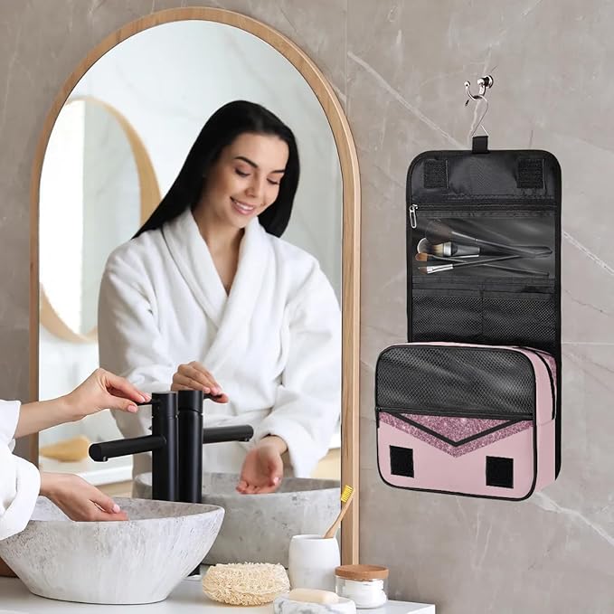 Custom Name Cheer Toiletry Bag Travel Bag with Hanging Hook, Makeup Cosmetic Bag Travel Full Sized Container Organizer for Shampoo, Toiletries, Dark Pink Glittering Cheerleading