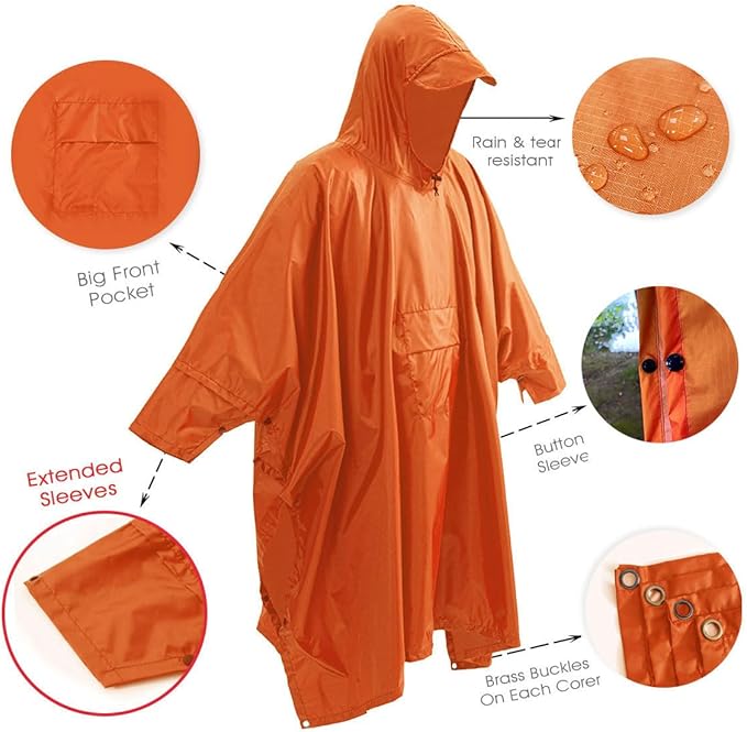 Cosmine Hooded Rain Poncho for Adult with Pocket, Waterproof Lightweight Unisex Raincoat Jacket for Hiking Camping Emergency