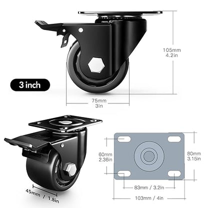 3 Inch Heavy Duty Casters Set of 4, Load 4400lbs, Locking Swivel Plate Industrial Casters with Double Ball Bearings, Low Gravity Center Castor Wheels for Furniture, Workbench, Equipment