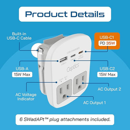 Ceptics 35W Universal Travel Adapter Kit – 2 USA sockets, USB-A, USBC, 1x PD 35W USB-C and USBC Cable, Surge Protected, Plugs for EU, UK, China, AU, Japan - for Laptop, Phone, Camera-ETL Tested