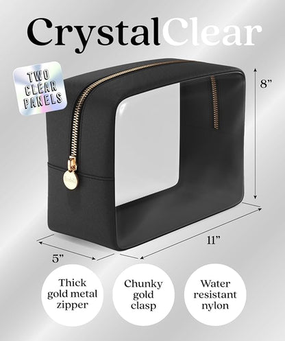Clear Makeup Bag Zipper Pouch, Transparent Cosmetic Case Organizer, TSA Approved Travel Toiletry Case, Travel Accessories Essentials Makeup Tote for Women, Large Cute Make up Bag for Purse - Black