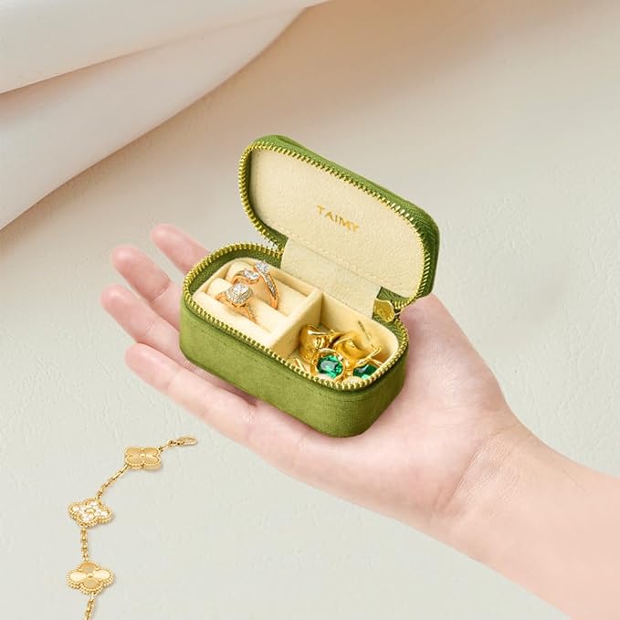TAIMY Small Travel Jewelry Case, Mini Tiny Plush Velvet Jewelry Box for Women and Girls, Pocket Size Jewelry holder organizer for Rings Earrings and Small Items(Lime Green)