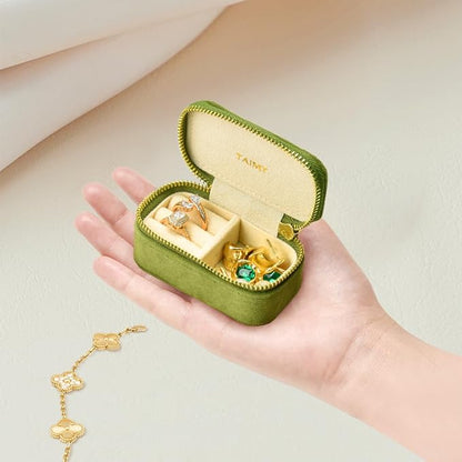 TAIMY Small Travel Jewelry Case, Mini Tiny Plush Velvet Jewelry Box for Women and Girls, Pocket Size Jewelry holder organizer for Rings Earrings and Small Items(Lime Green)