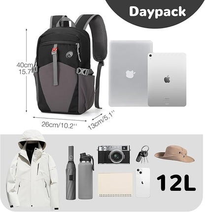 12L Small Lightweight Hiking Backpack Daypack with Phone Pocket for Kids, Mini Travel Backpack for Men, Black
