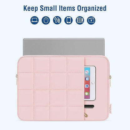 MOSISO 13-14 inch Laptop Case, 13.3 inch Puffy Laptop Sleeve Compatible with MacBook Air/Pro 13 inch, Compatible with MacBook Pro 14, Twelve Square Quilted Bag with Vertical Pocket&Small Case, Pink