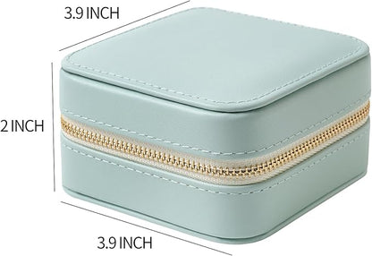 Genuine Leather Travel Jewelry Case Organizer with Mirror for Women, Small Jewelry Box Portable Mini Jewelry Case for Earring, Ring, Necklace, Bracelet(Cyan)