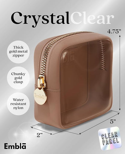 Embla London Makeup Bag Cosmetic Case, Clear Zipper Make Up Pouch and Toiletry Travel Tote, Cute Skincare Pouches for Women Girls, Preppy Purse Cosmetic Organizer, Mini Makeup Bags, Mocha Mousse