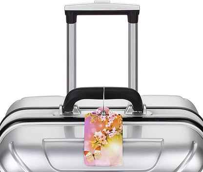 2 Packs Beautiful Spring Flowers PU Leather Luggage Tags Butterfly Suitcase Labels Bag Tags Cute Name ID Labels with Privacy Cover for Women Teen Girls Pink Yellow Background