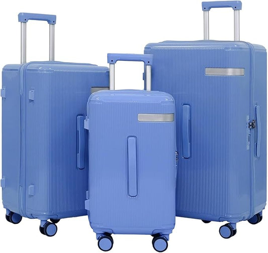 Travel Luggage Sets 3 Piece with Spinner Wheels, PC Hardside Suitcase Set for Family Trips with Cup and Phone Holder, Blue